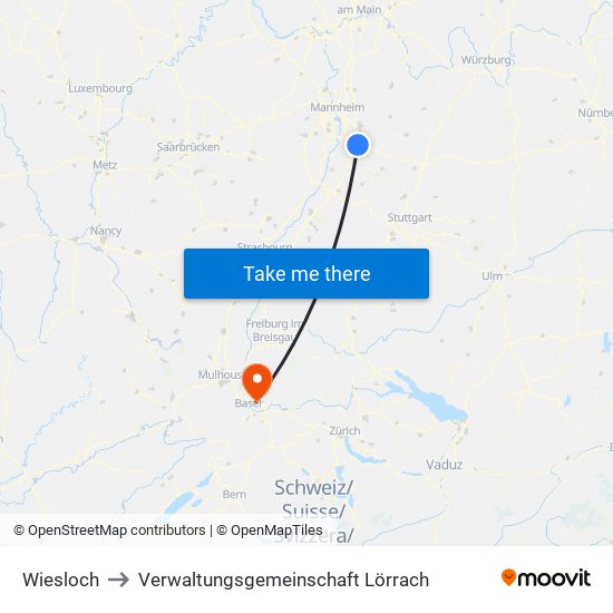 Wiesloch to Verwaltungsgemeinschaft Lörrach map