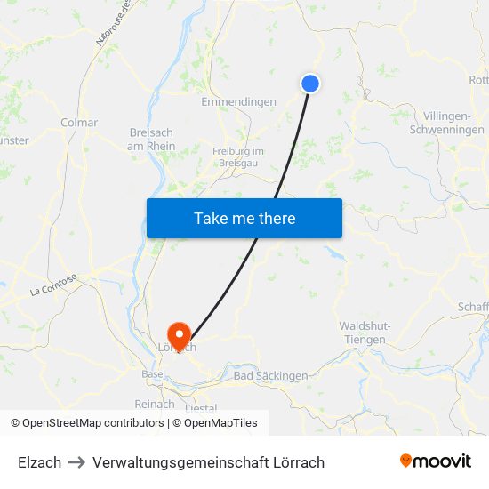 Elzach to Verwaltungsgemeinschaft Lörrach map