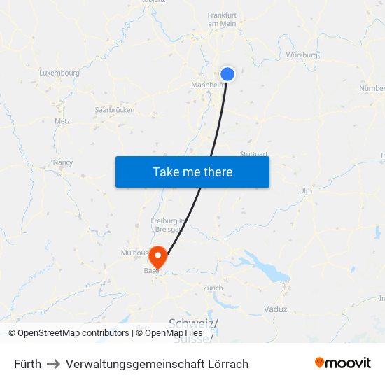 Fürth to Verwaltungsgemeinschaft Lörrach map