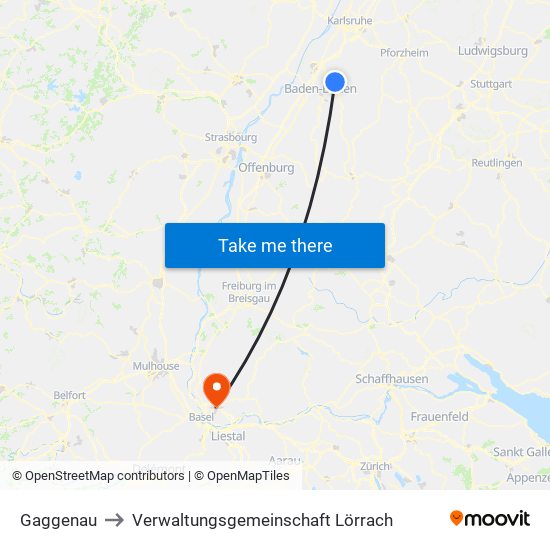 Gaggenau to Verwaltungsgemeinschaft Lörrach map