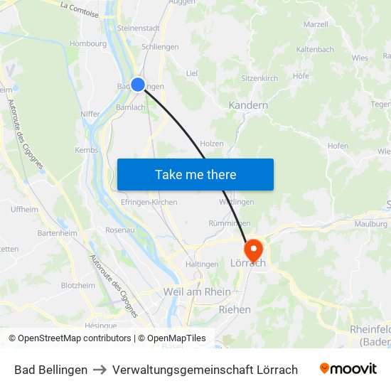Bad Bellingen to Verwaltungsgemeinschaft Lörrach map
