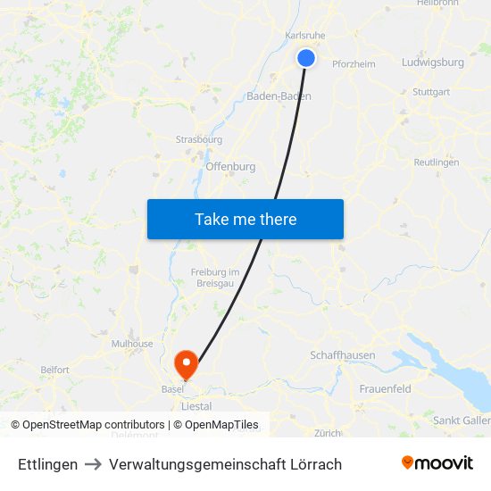 Ettlingen to Verwaltungsgemeinschaft Lörrach map