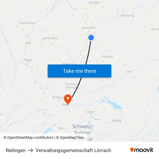 Reilingen to Verwaltungsgemeinschaft Lörrach map