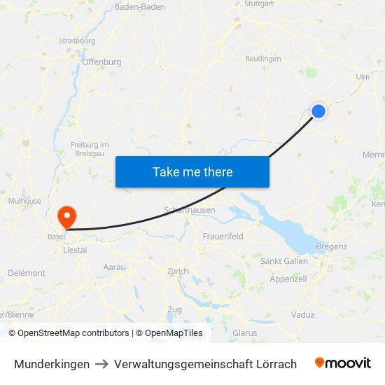 Munderkingen to Verwaltungsgemeinschaft Lörrach map