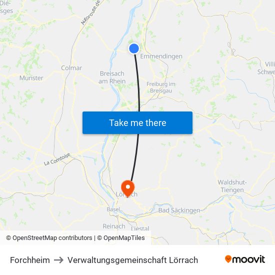 Forchheim to Verwaltungsgemeinschaft Lörrach map