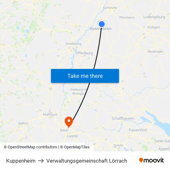 Kuppenheim to Verwaltungsgemeinschaft Lörrach map