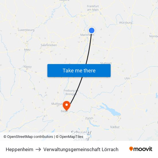 Heppenheim to Verwaltungsgemeinschaft Lörrach map