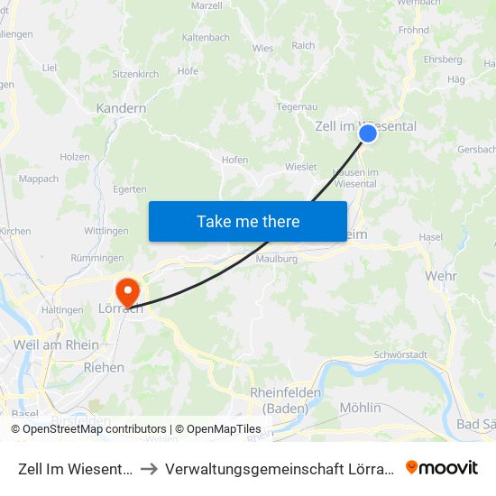 Zell Im Wiesental to Verwaltungsgemeinschaft Lörrach map
