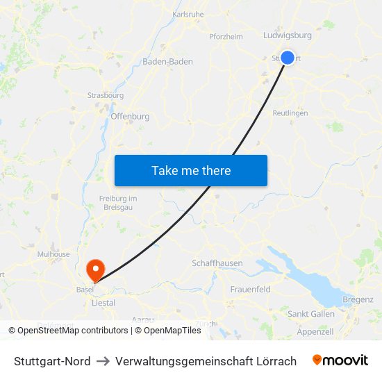 Stuttgart-Nord to Verwaltungsgemeinschaft Lörrach map