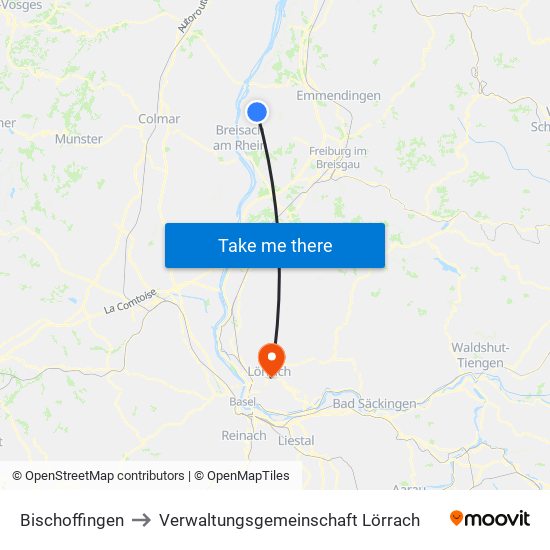 Bischoffingen to Verwaltungsgemeinschaft Lörrach map