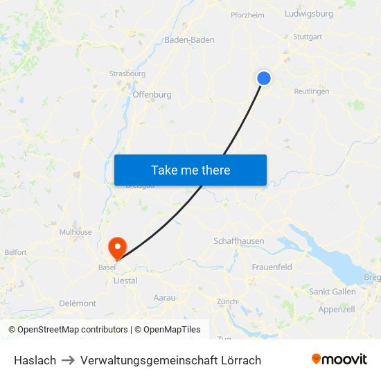 Haslach to Verwaltungsgemeinschaft Lörrach map