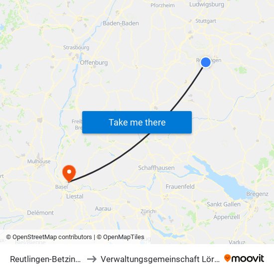 Reutlingen-Betzingen to Verwaltungsgemeinschaft Lörrach map