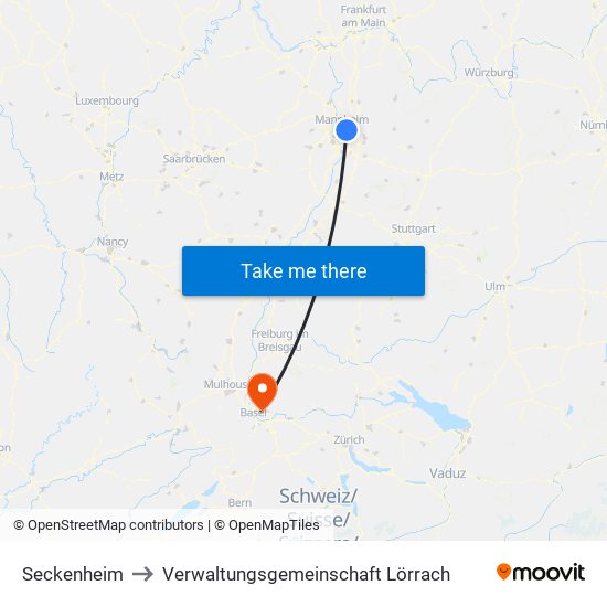 Seckenheim to Verwaltungsgemeinschaft Lörrach map