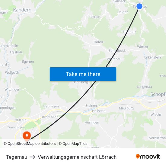 Tegernau to Verwaltungsgemeinschaft Lörrach map