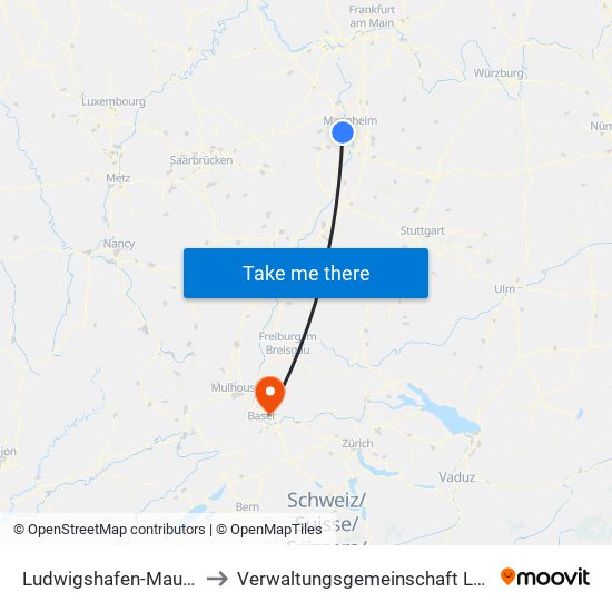 Ludwigshafen-Maudach to Verwaltungsgemeinschaft Lörrach map