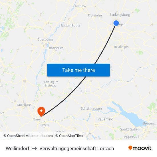 Weilimdorf to Verwaltungsgemeinschaft Lörrach map