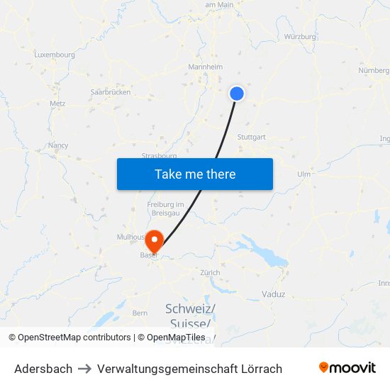 Adersbach to Verwaltungsgemeinschaft Lörrach map