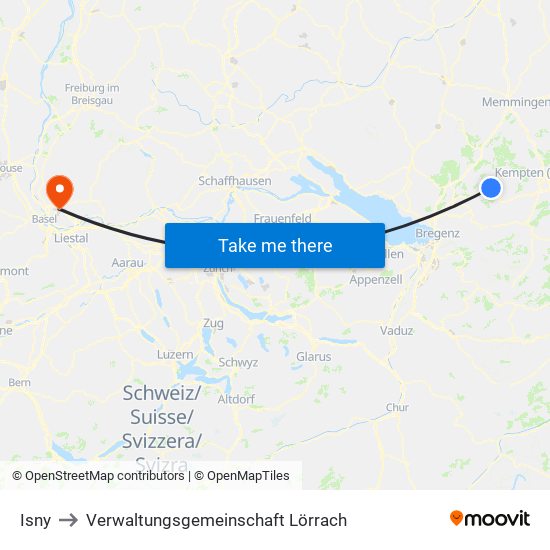 Isny to Verwaltungsgemeinschaft Lörrach map