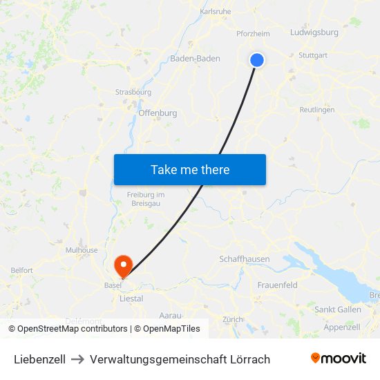 Liebenzell to Verwaltungsgemeinschaft Lörrach map