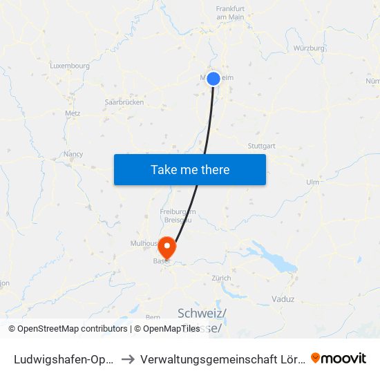 Ludwigshafen-Oppau to Verwaltungsgemeinschaft Lörrach map