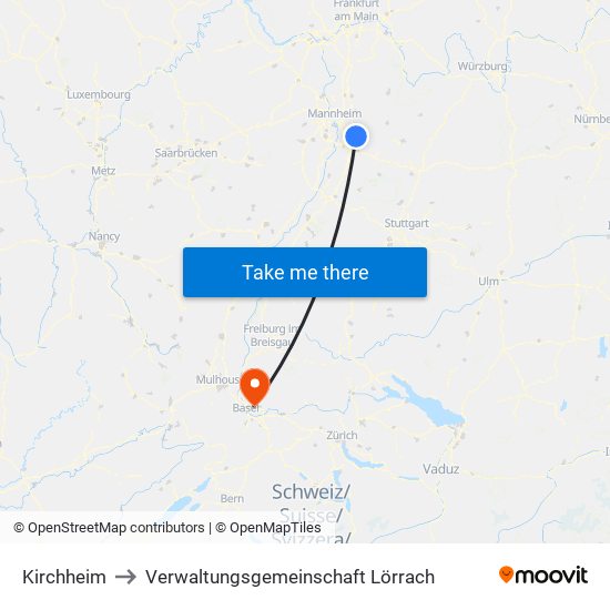 Kirchheim to Verwaltungsgemeinschaft Lörrach map