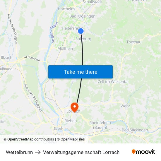 Wettelbrunn to Verwaltungsgemeinschaft Lörrach map