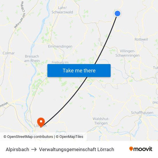 Alpirsbach to Verwaltungsgemeinschaft Lörrach map