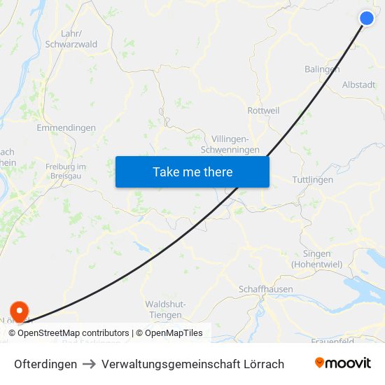 Ofterdingen to Verwaltungsgemeinschaft Lörrach map