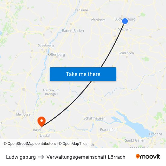 Ludwigsburg to Verwaltungsgemeinschaft Lörrach map