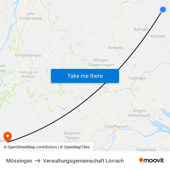 Mössingen to Verwaltungsgemeinschaft Lörrach map