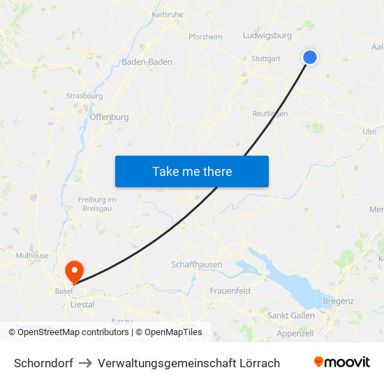 Schorndorf to Verwaltungsgemeinschaft Lörrach map