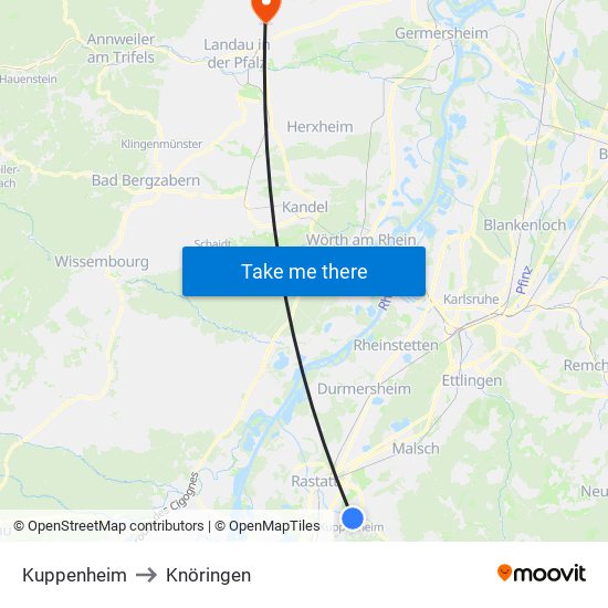 Kuppenheim to Knöringen map