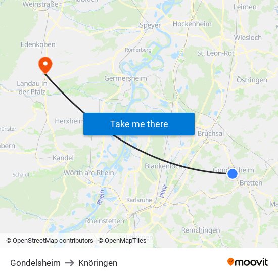 Gondelsheim to Knöringen map