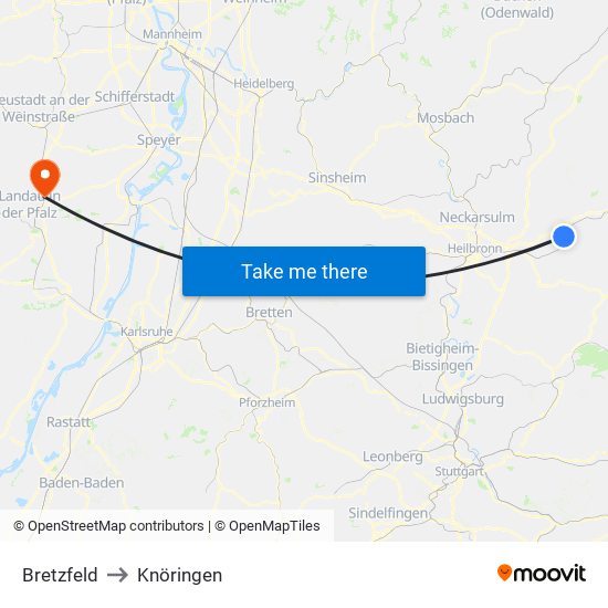 Bretzfeld to Knöringen map