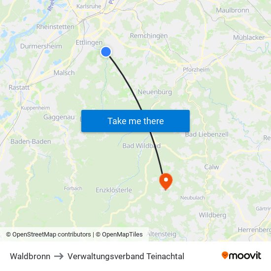 Waldbronn to Verwaltungsverband Teinachtal map