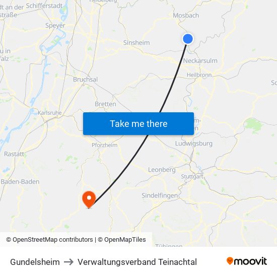 Gundelsheim to Verwaltungsverband Teinachtal map