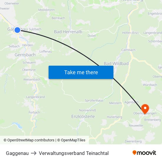 Gaggenau to Verwaltungsverband Teinachtal map