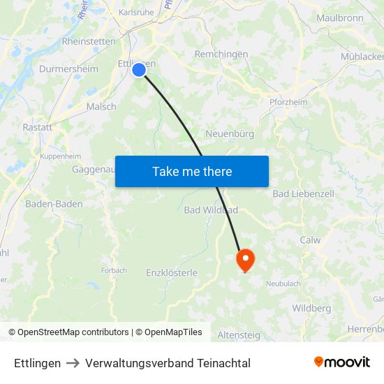 Ettlingen to Verwaltungsverband Teinachtal map