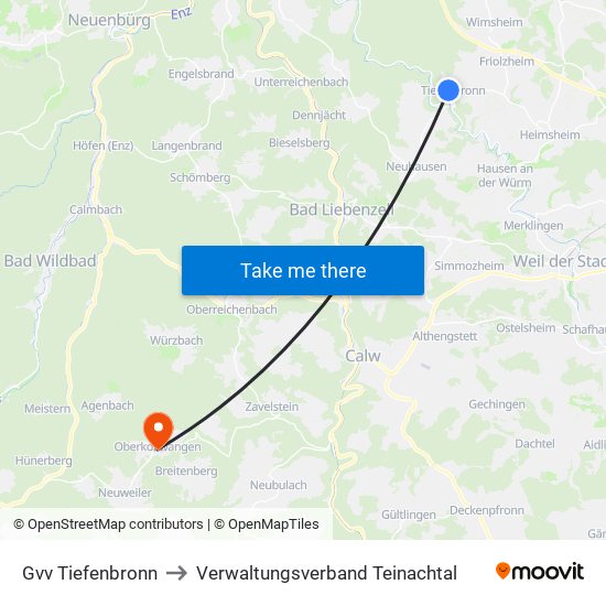 Gvv Tiefenbronn to Verwaltungsverband Teinachtal map