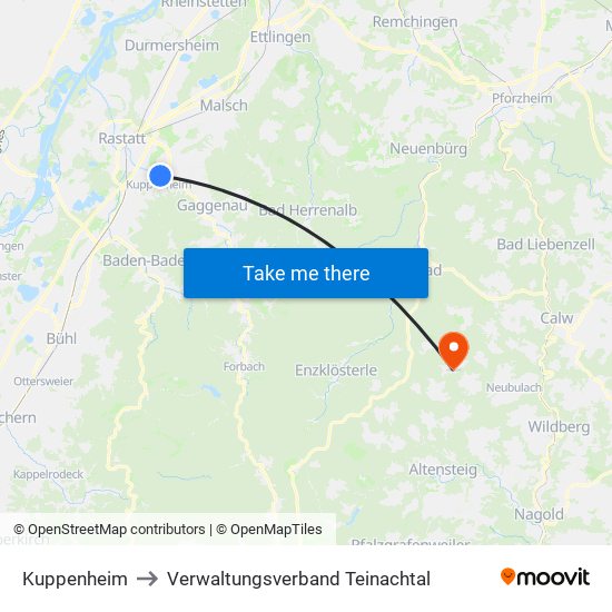 Kuppenheim to Verwaltungsverband Teinachtal map