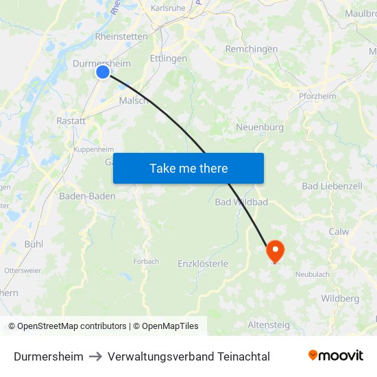 Durmersheim to Verwaltungsverband Teinachtal map