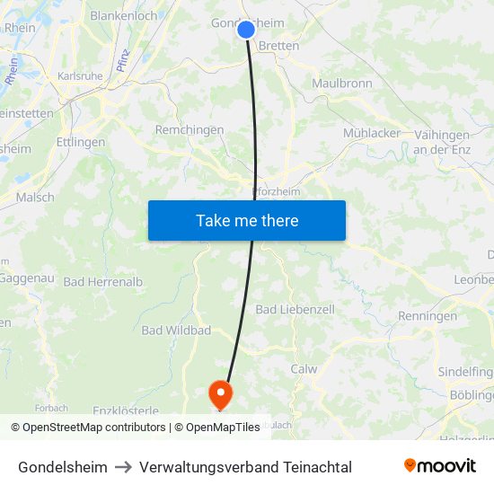 Gondelsheim to Verwaltungsverband Teinachtal map
