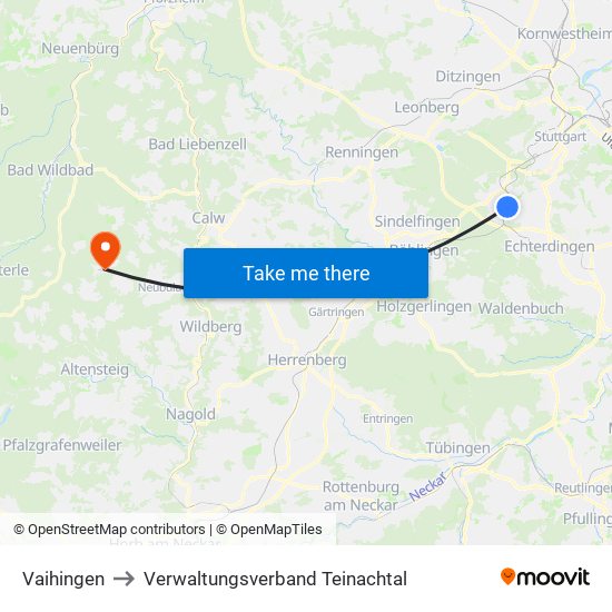Vaihingen to Verwaltungsverband Teinachtal map