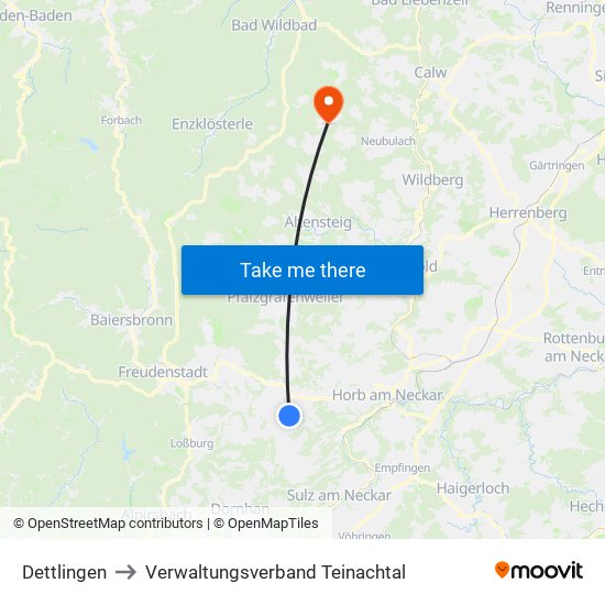 Dettlingen to Verwaltungsverband Teinachtal map