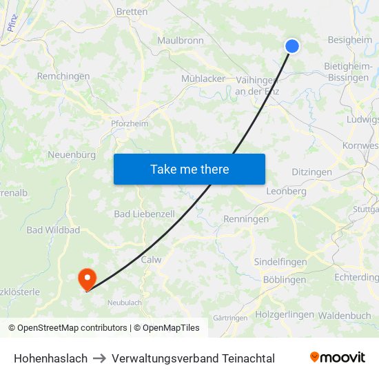 Hohenhaslach to Verwaltungsverband Teinachtal map