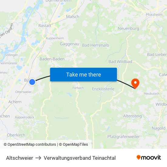 Altschweier to Verwaltungsverband Teinachtal map