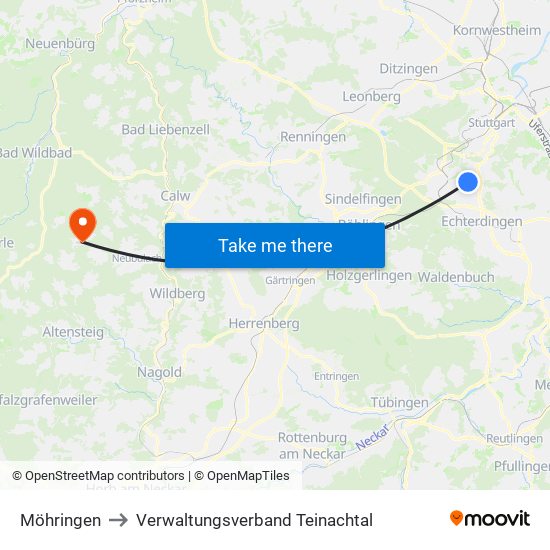 Möhringen to Verwaltungsverband Teinachtal map