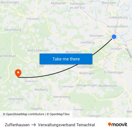 Zuffenhausen to Verwaltungsverband Teinachtal map