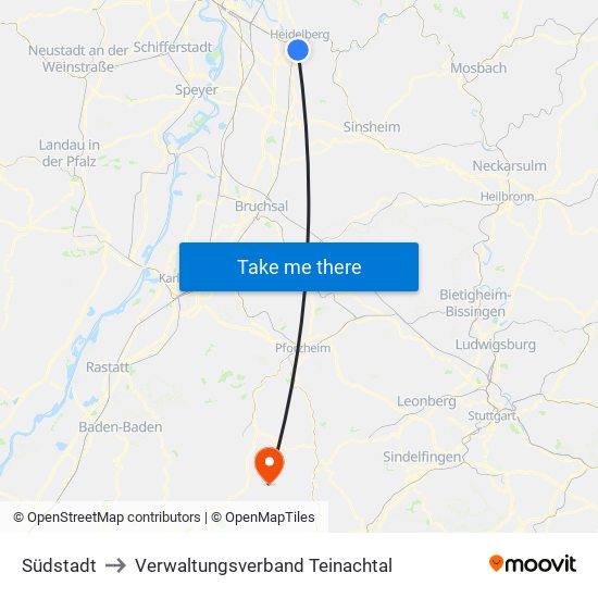 Südstadt to Verwaltungsverband Teinachtal map