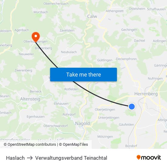 Haslach to Verwaltungsverband Teinachtal map